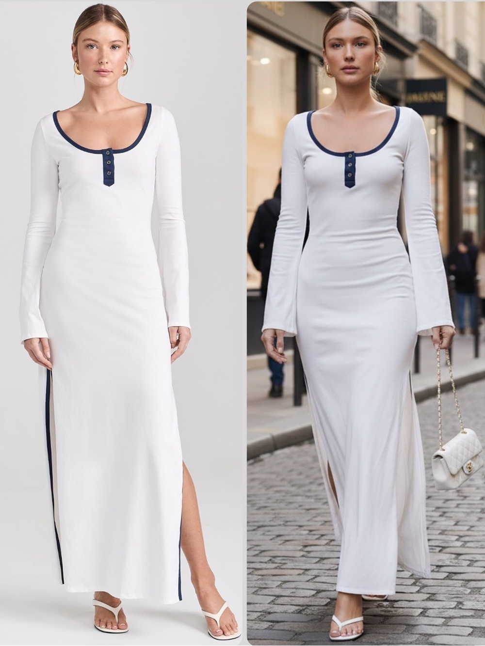 Caroline Constas Karla Cotton Bell Sleeve Alabaster Navy Maxi Dress NWT $465